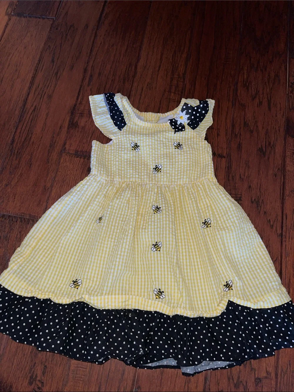 Rare Editions Yellow Gingham Bee-Embroidered Dress with black Polka Trim